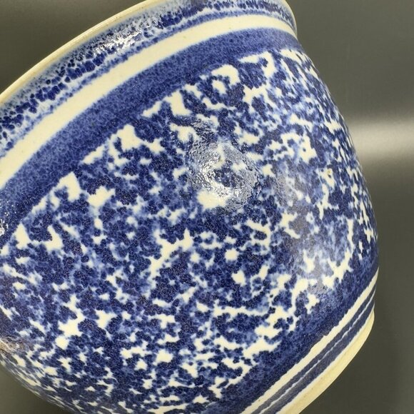 Vintage Hand Made Stoneware Pottery Dish Bowl Hand Glazed Blue Sponge ware Bowl - Picture 9 of 15